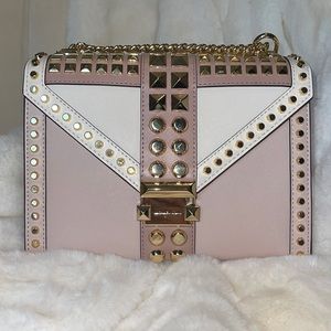 NWT Michael Kors Whitney Pink/white crossbody bag, gold studs. Adjustable strap